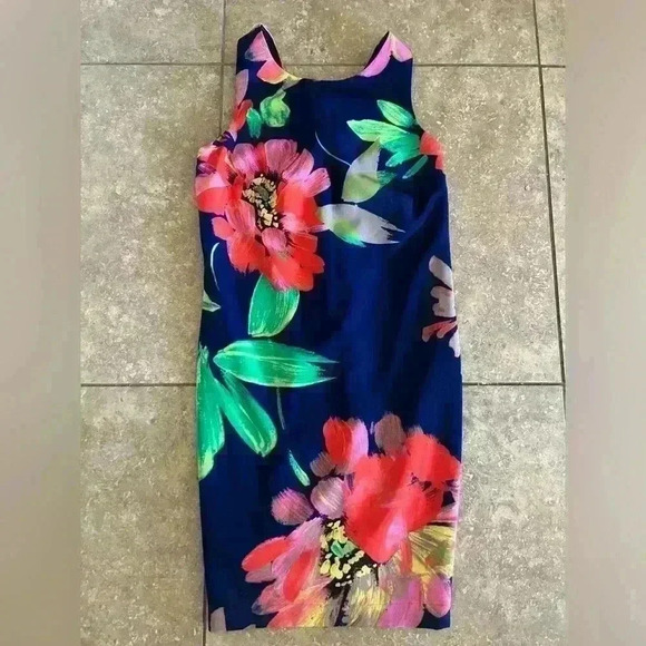 Trina Turk Floral Printed Bow-Back Sheath Mini Woman’s Navy Dress Size 2 - Picture 1 of 8